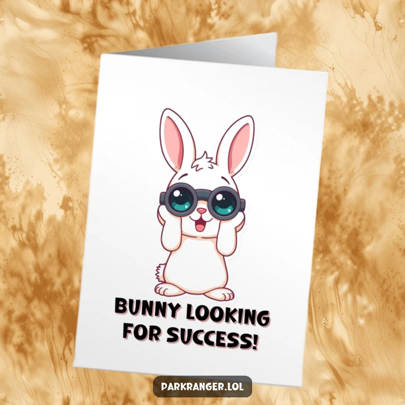 Funny Free Printable Congratulations Card with a rabbit character using binoculars to see their amazing achievement.
