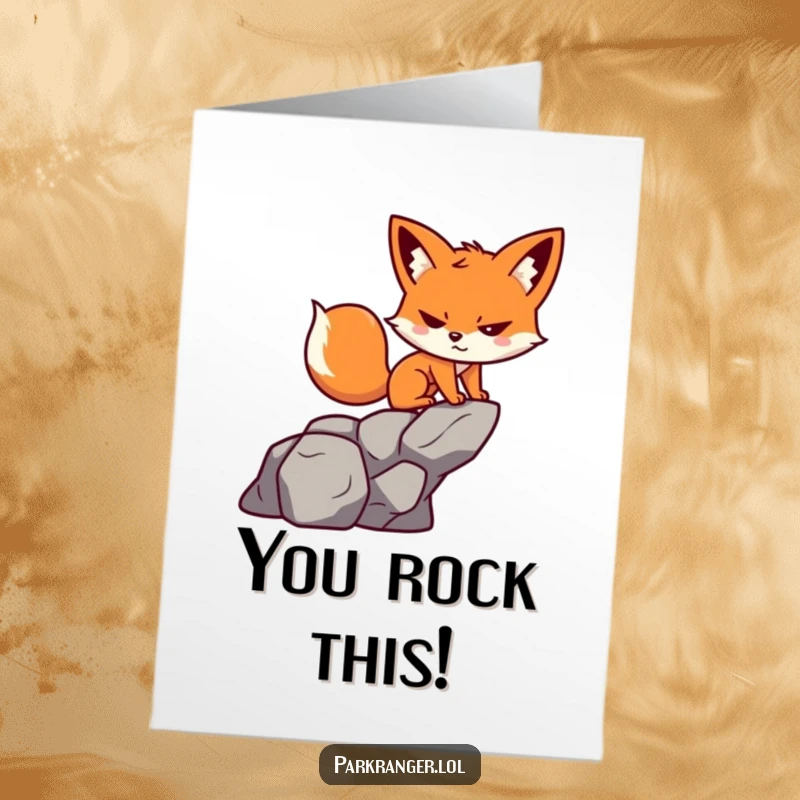 Funny Free Printable Congratulations Card showing a determined fox scaling a rock, celebrating a glorious victory.