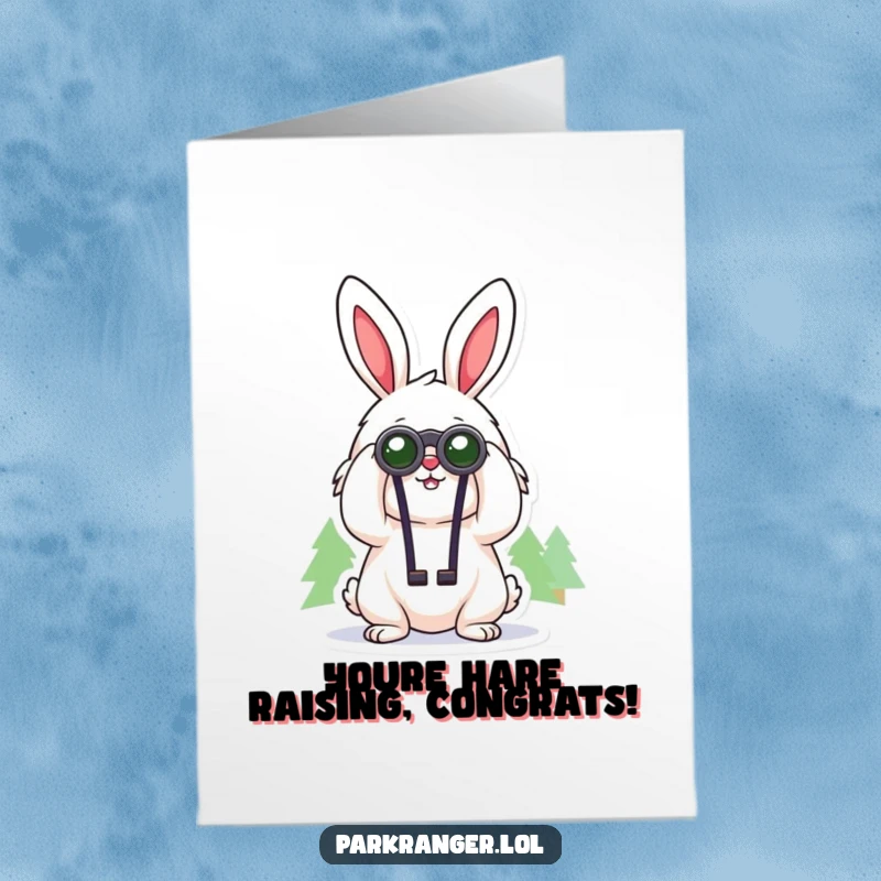 Cheerful Free Printable Congratulations Card with a fluffy rabbit using binoculars to gaze at distant trees, celebrating vision.