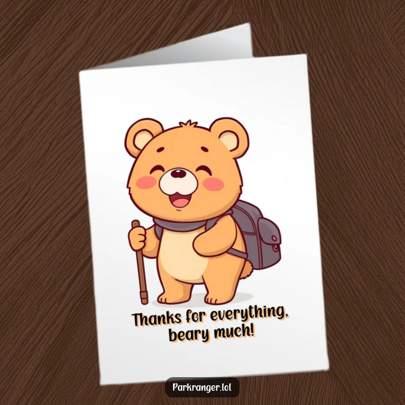 Happy Free Printable Thank You Card featuring a round bear with a backpack and walking stick, smiling widely, expressing thanks.
