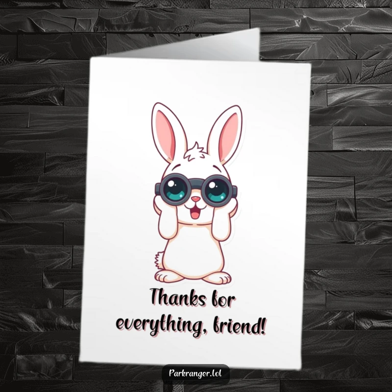 Funny Free Printable Thank You Card featuring a playful rabbit looking through binoculars, spotting gratitude.