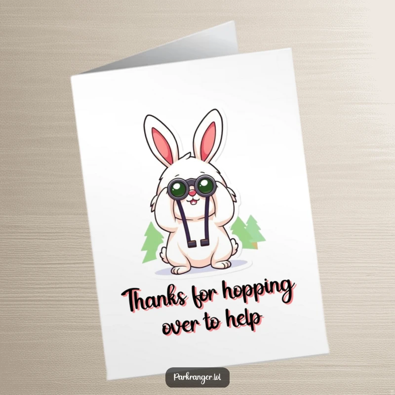 Cheerful Free Printable Thank You Card featuring a fluffy rabbit with binoculars looking at distant trees, expressing thanks.