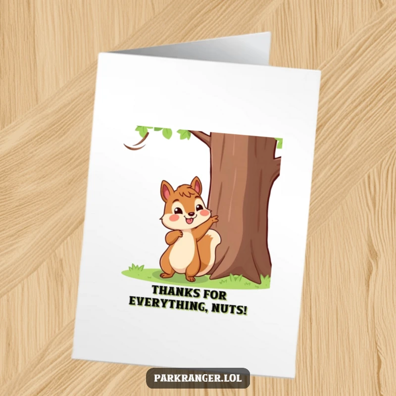 Funny Free Printable Thank You Card with a happy squirrel pointing towards a tall tree, expressing thanks for direction.