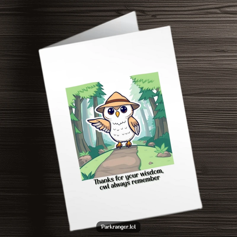 Cute Free Printable Thank You Card featuring a stylized owl ranger in a hat pointing towards a forest path, expressing gratitude.