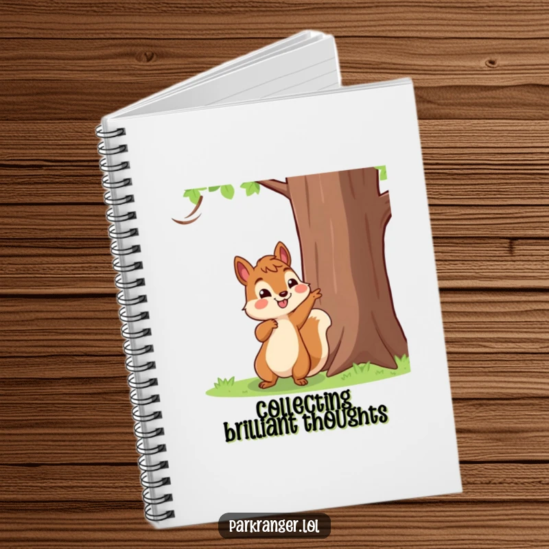 Funny Notebook featuring a happy squirrel character pointing towards a tall tree, ideal for planning adventures and jotting notes.