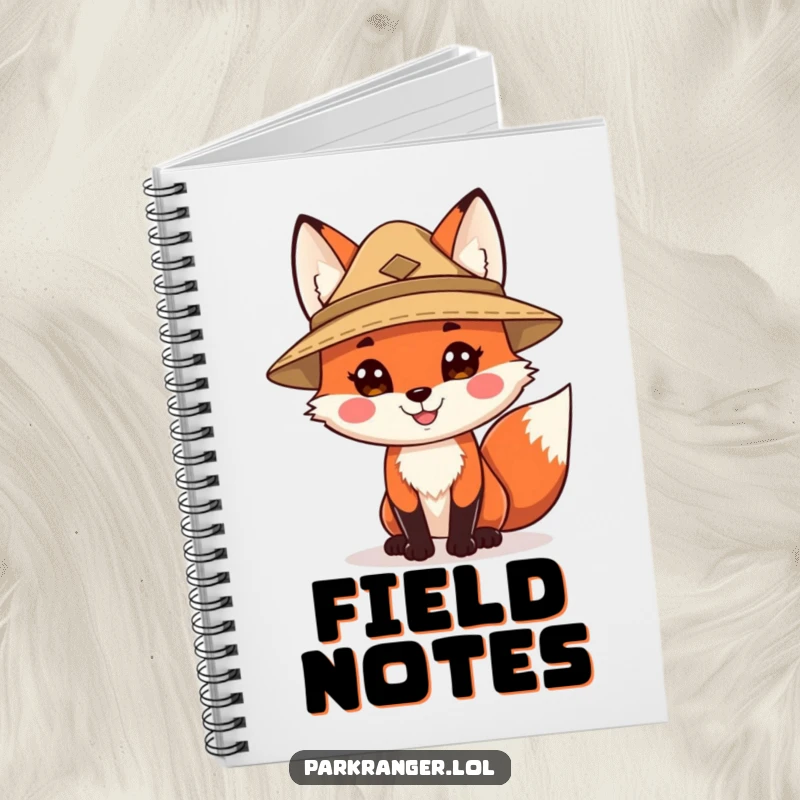 Funny notebook featuring a happy fox character in a ranger hat, ideal for note-taking, journaling, or creative writing with a touch of woodland humor.