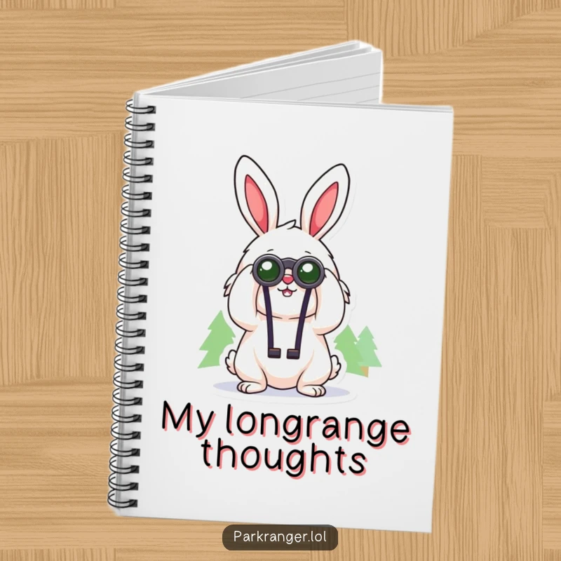 Funny notebook with a cheerful, fluffy rabbit character using binoculars to look at distant trees, perfect for notes and observations.