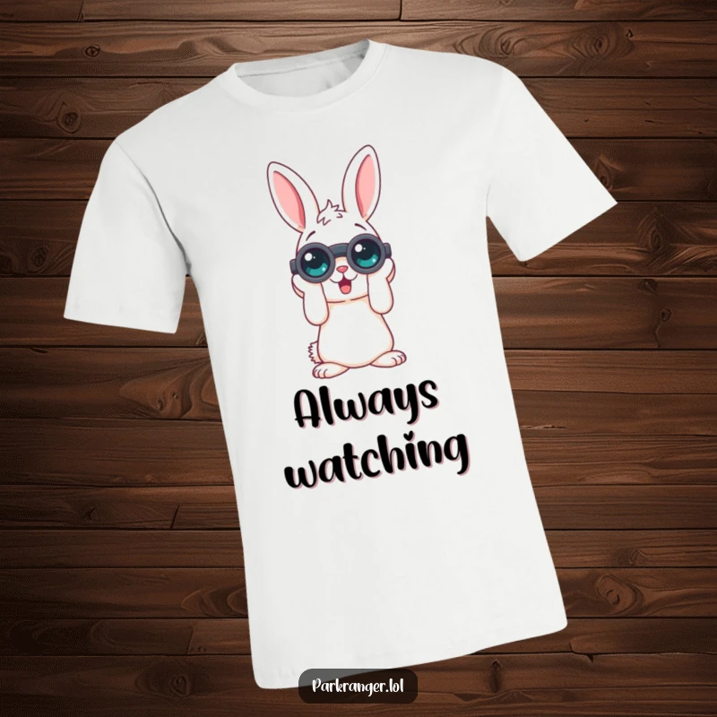 Funny t-shirt showcasing a playful rabbit character with binoculars, highlighting a curious and humorous approach to exploration and outdoor activities.