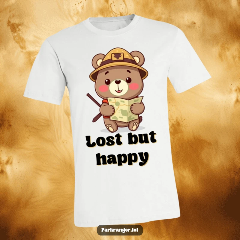 Funny T-Shirt with a cheerful bear wearing a ranger hat and holding a map, symbolizing exploration and fun.