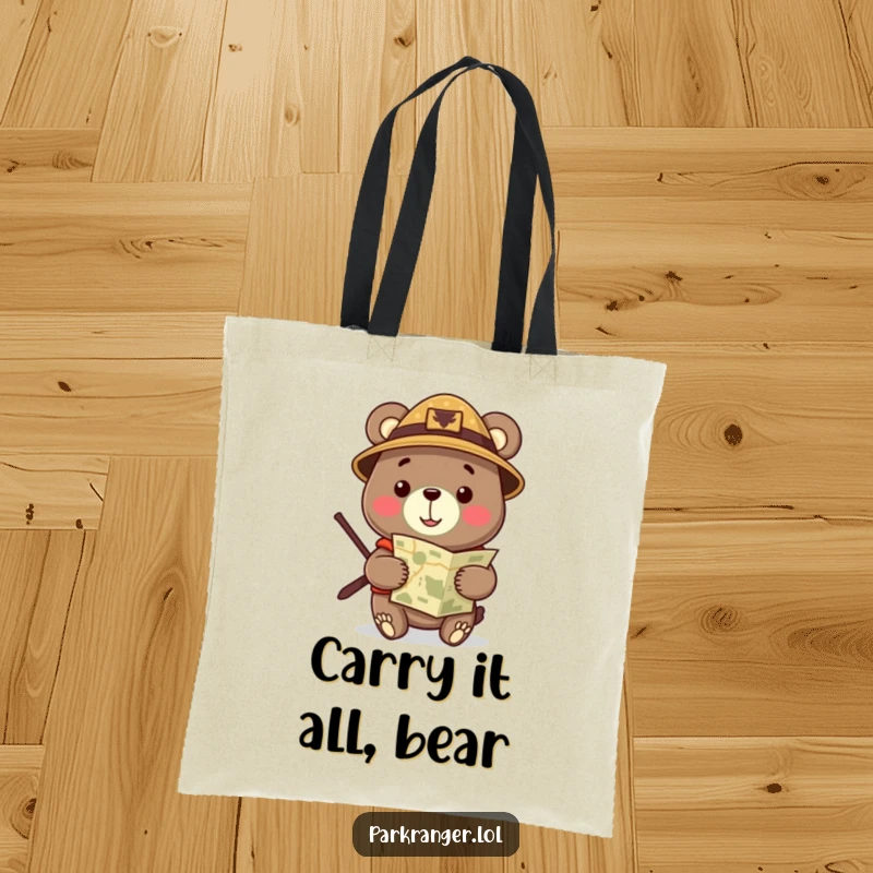 Funny Tote Bag with a cheerful bear in a ranger hat, holding a map, ready for any expedition, practical and fun.