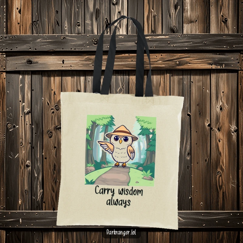 Funny tote bag with a cute stylized owl ranger pointing towards a forest path, a practical and whimsical carryall.