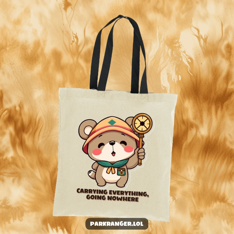 Funny tote bag featuring a scout bear character pointing a compass, blending practicality with playful humor for everyday adventures and shopping trips.