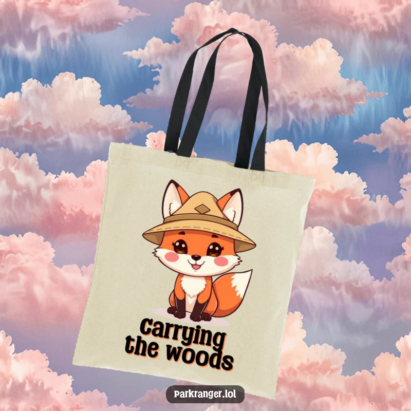 Funny tote bag featuring a happy fox character wearing a ranger hat, blending woodland charm and humor for everyday use and shopping trips.