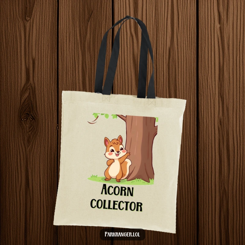 Funny Tote Bag with a happy squirrel character pointing towards a tall tree, perfect for carrying treasures.
